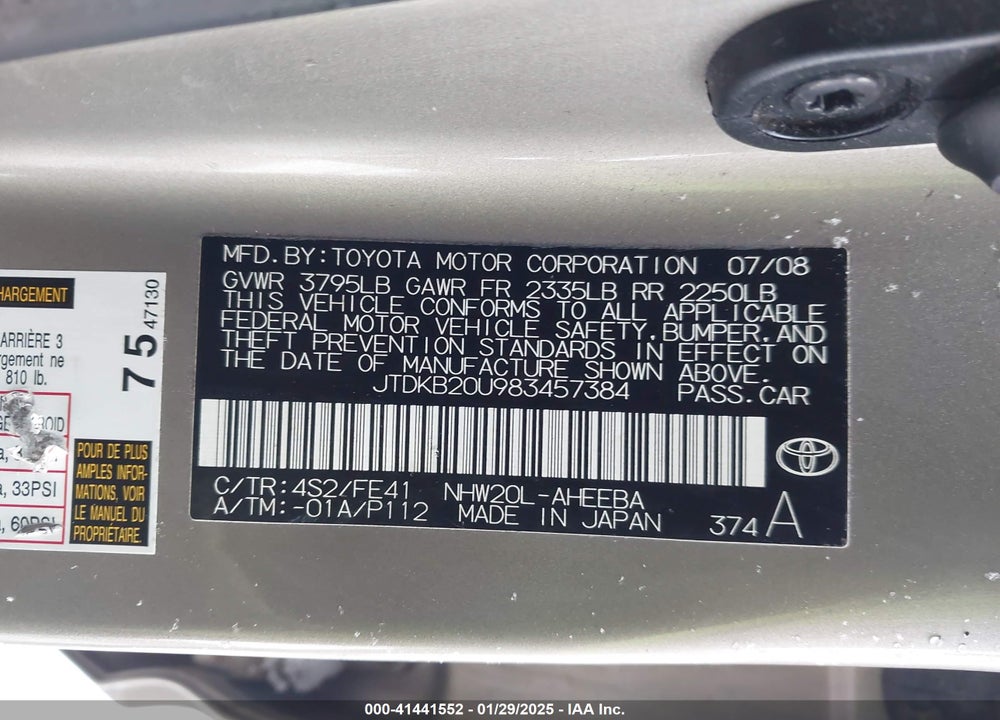 2008 TOYOTA PRIUS VIN: JTDKB20U983457384