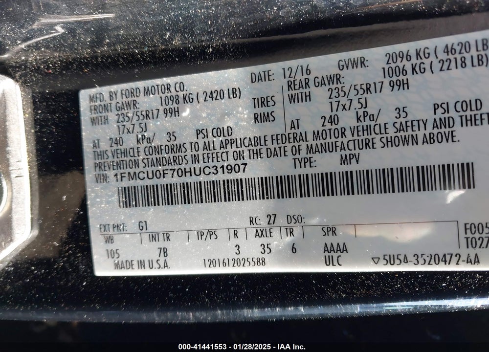 2017 FORD ESCAPE S VIN: 1FMCU0F70HUC31907