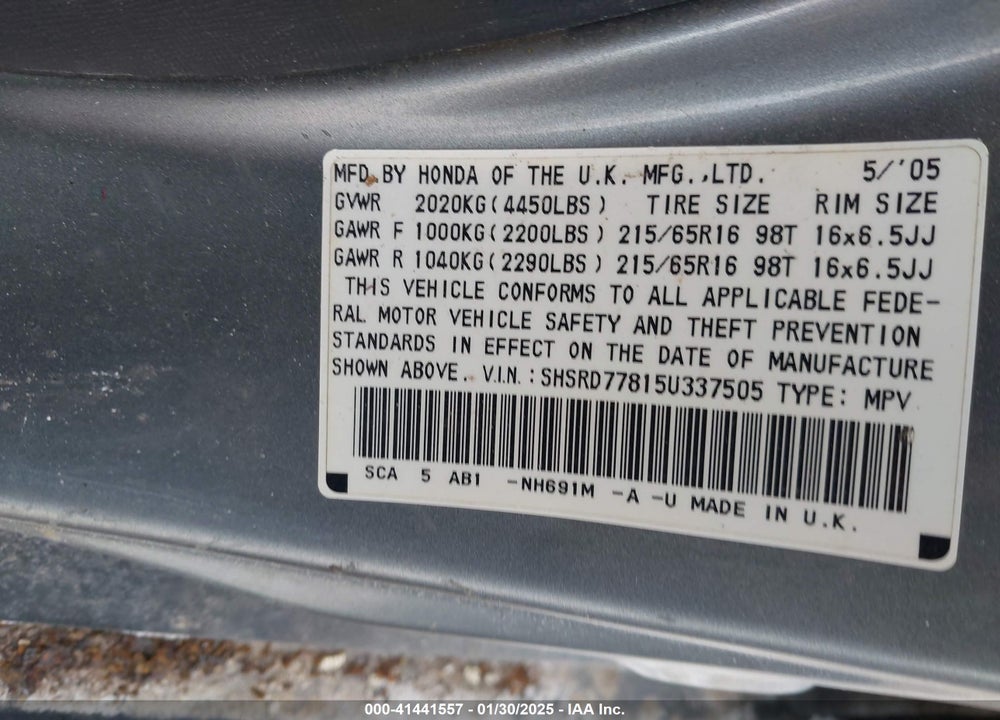 2005 HONDA CR-V EX VIN: SHSRD77815U337505
