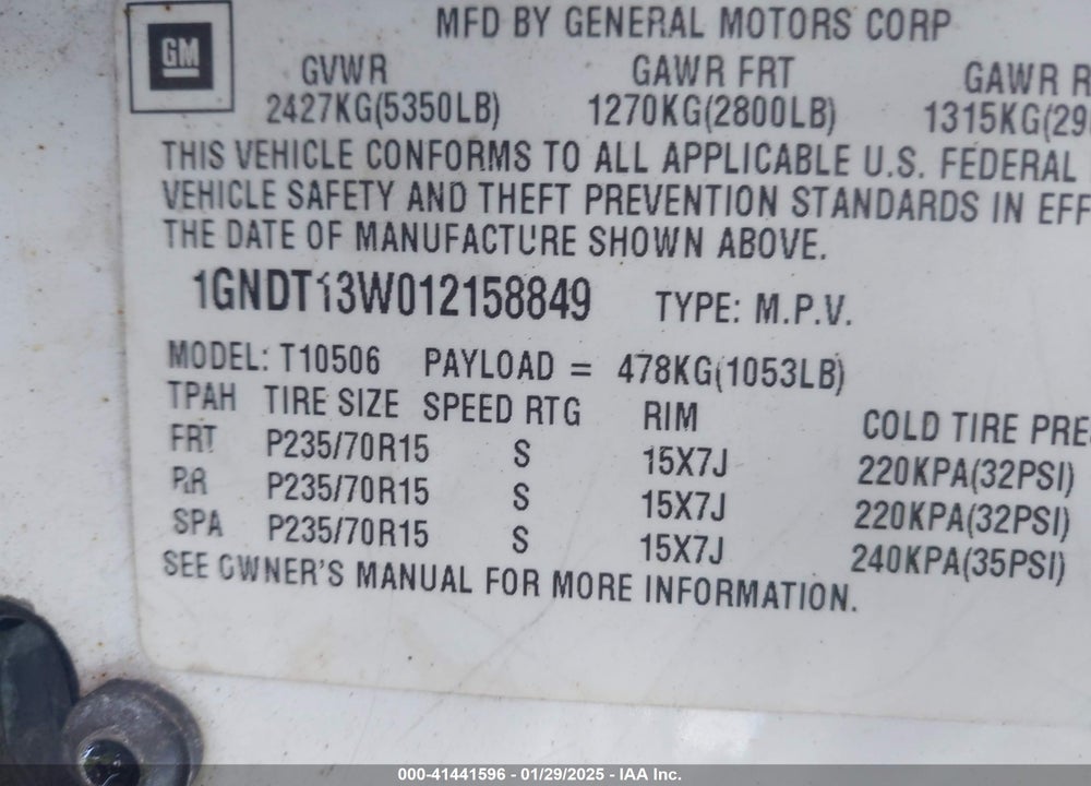 2001 CHEVROLET BLAZER LT VIN: 1GNDT13W012158849
