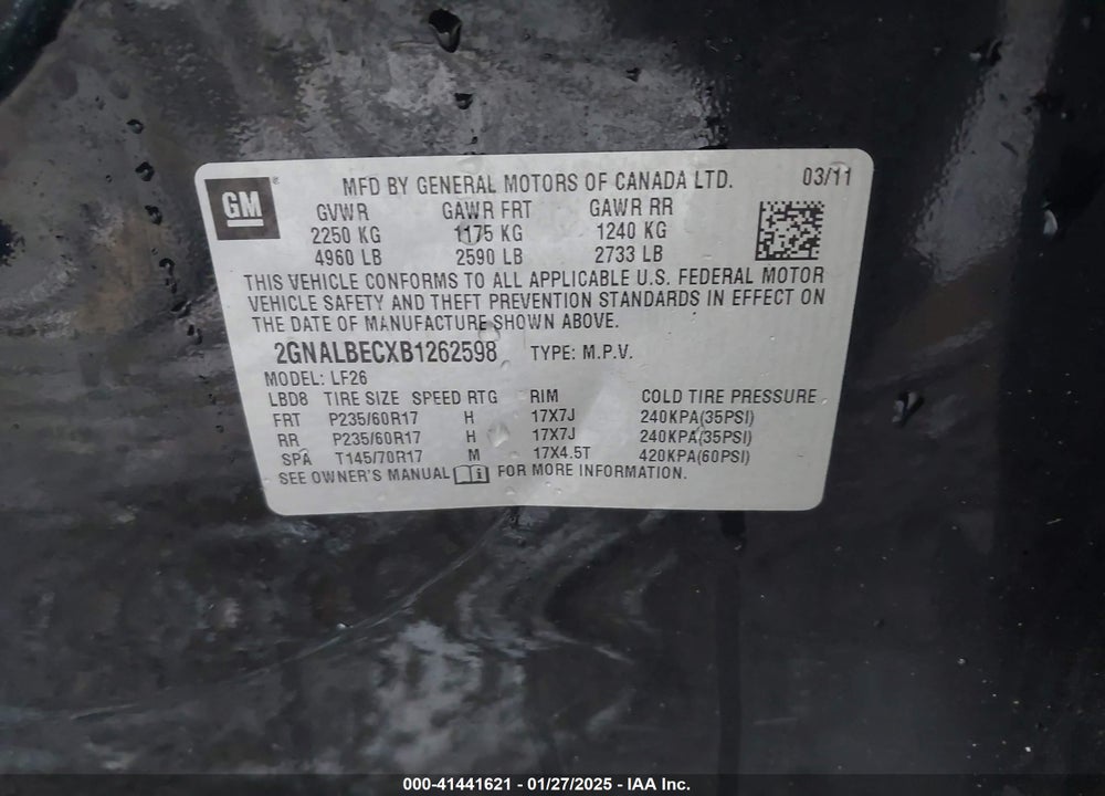 2011 CHEVROLET EQUINOX LS VIN: 2GNALBECXB1262598