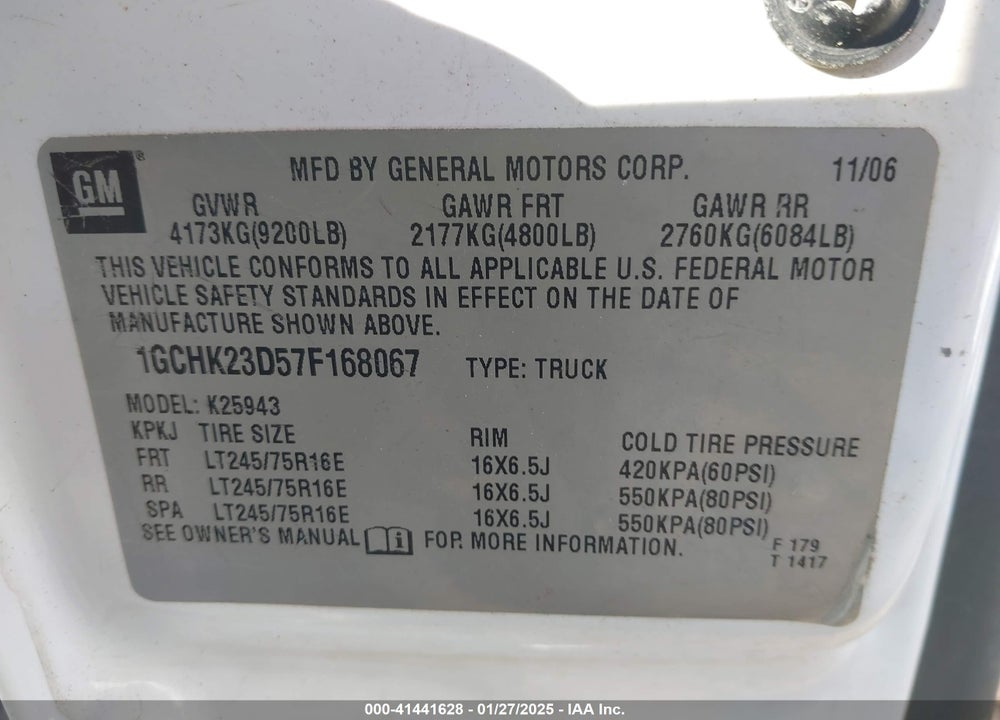 2007 CHEVROLET SILVERADO VIN: 1GCHK23D57F168067