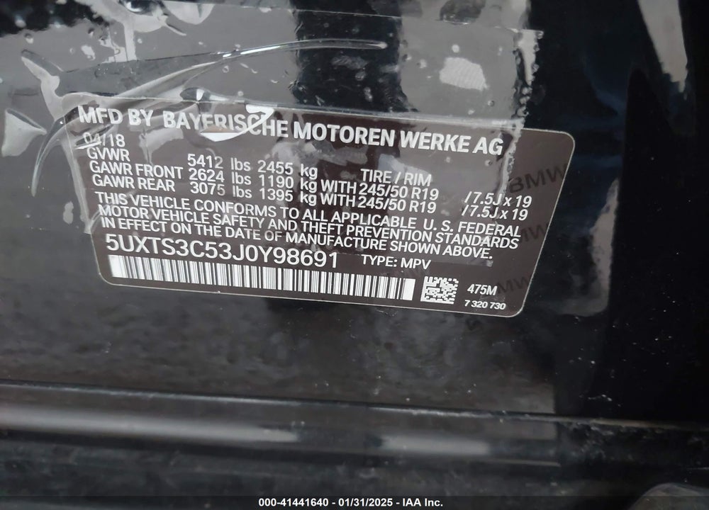 2018 BMW X3 M40I VIN: 5UXTS3C53J0Y98691