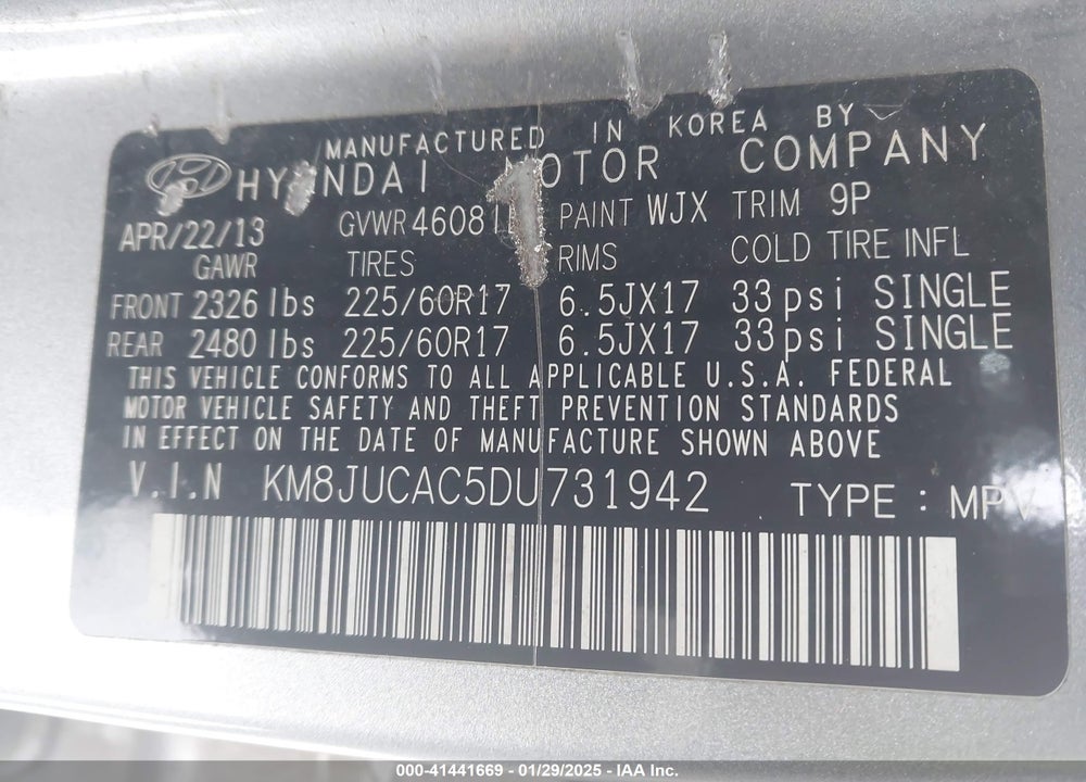 2013 HYUNDAI TUCSON GLS VIN: KM8JUCAC5DU731942