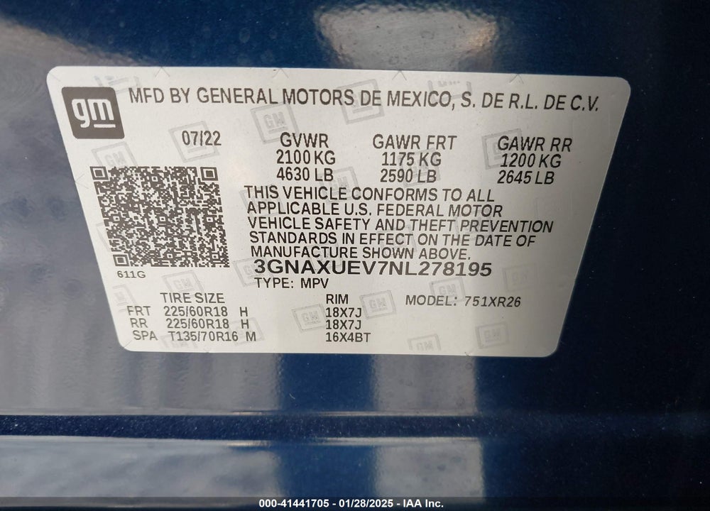 2022 CHEVROLET EQUINOX AWD LT VIN: 3GNAXUEV7NL278195