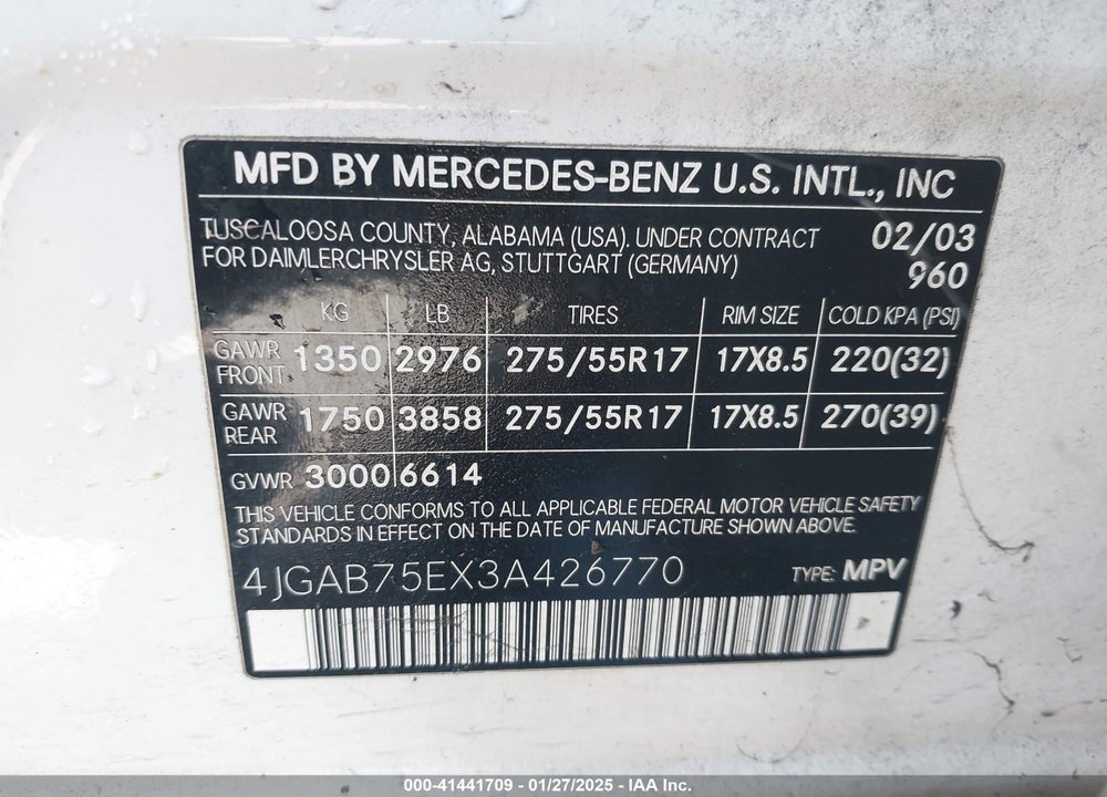 2003 MERCEDES-BENZ ML 500 VIN: 4JGAB75EX3A426770