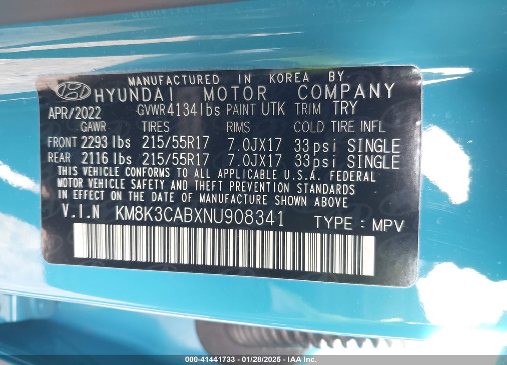 2022 HYUNDAI KONA SEL VIN: KM8K3CABXNU908341