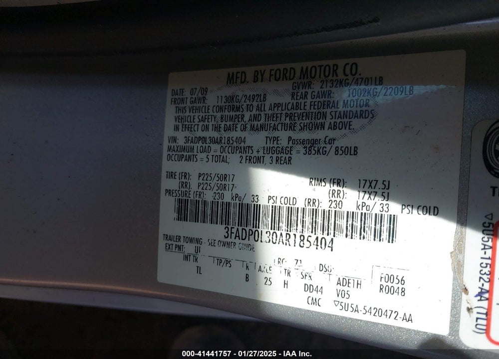 2010 FORD FUSION HYBRID VIN: 3FADP0L30AR185404