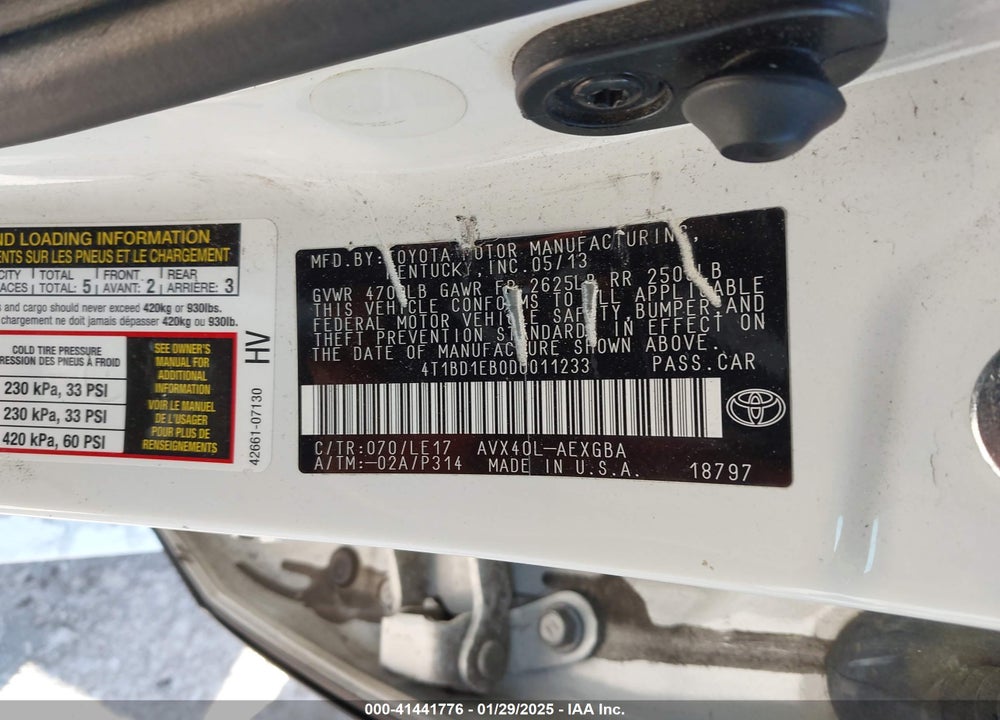 2013 TOYOTA AVALON HYBRID XLE TOURING VIN: 4T1BD1EB0DU011233