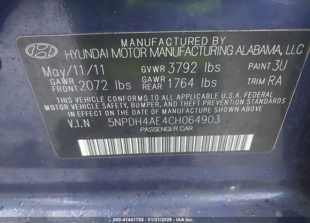 2012 HYUNDAI ELANTRA GLS VIN: 5NPDH4AE4CH064903