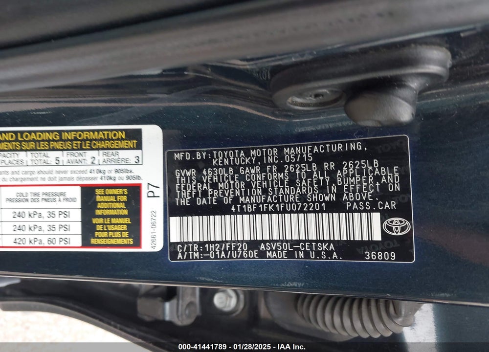 2015 TOYOTA CAMRY SE VIN: 4T1BF1FK1FU072201