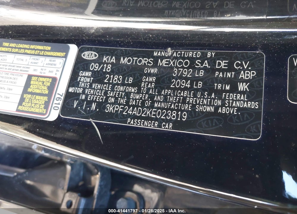 2019 KIA FORTE VIN: 3KPF24AD2KE023819