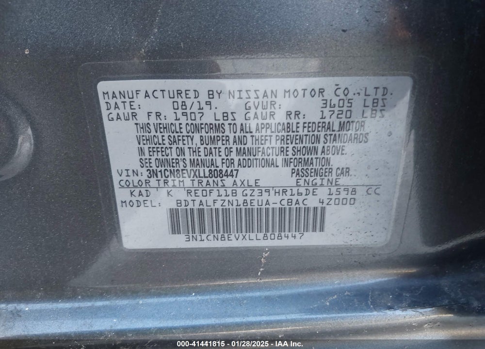 2020 NISSAN VERSA VIN: 3N1CN8EVXLL808447