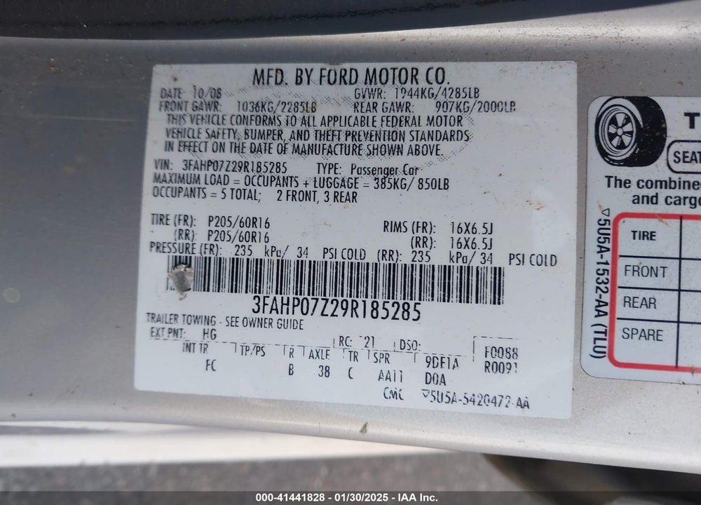 2009 FORD FUSION SE VIN: 3FAHP07Z29R185285