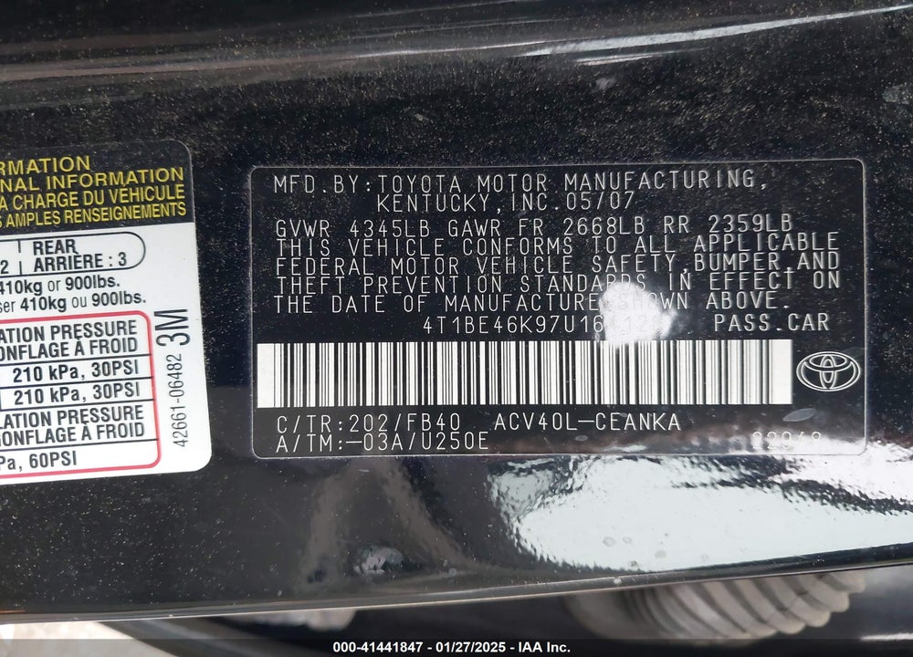 2007 TOYOTA CAMRY VIN: 4T1BE46K97U164128