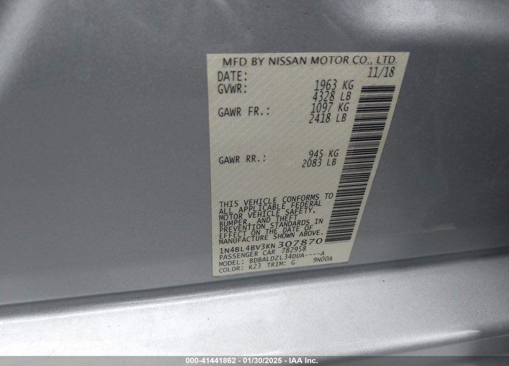 2019 NISSAN ALTIMA VIN: 1N4BL4BV3KN307870