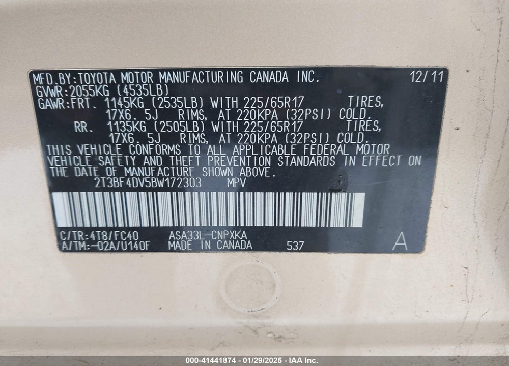 2011 TOYOTA RAV4 VIN: 2T3BF4DV5BW172303