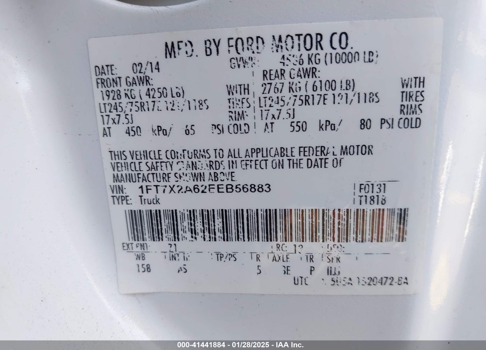 2014 FORD F-250 XL VIN: 1FT7X2A62EEB56883