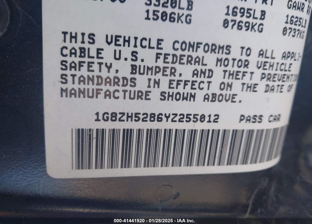 2000 SATURN SL1 VIN: 1G8ZH5286YZ255012