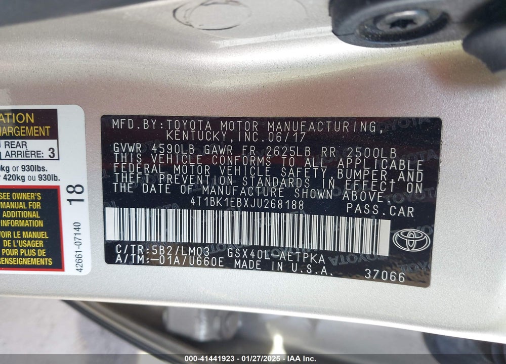2018 TOYOTA AVALON VIN: 4T1BK1EBXJU268188