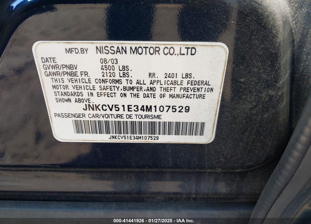 2004 INFINITI G35 VIN: JNKCV51E34M107529