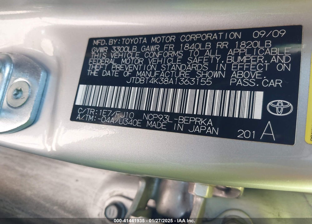 2010 TOYOTA YARIS VIN: JTDBT4K38A1363155