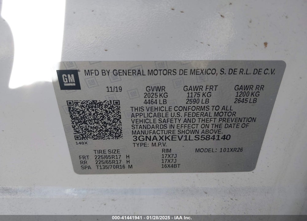 2020 CHEVROLET EQUINOX FWD LT 1.5L TURBO VIN: 3GNAXKEV1LS584140