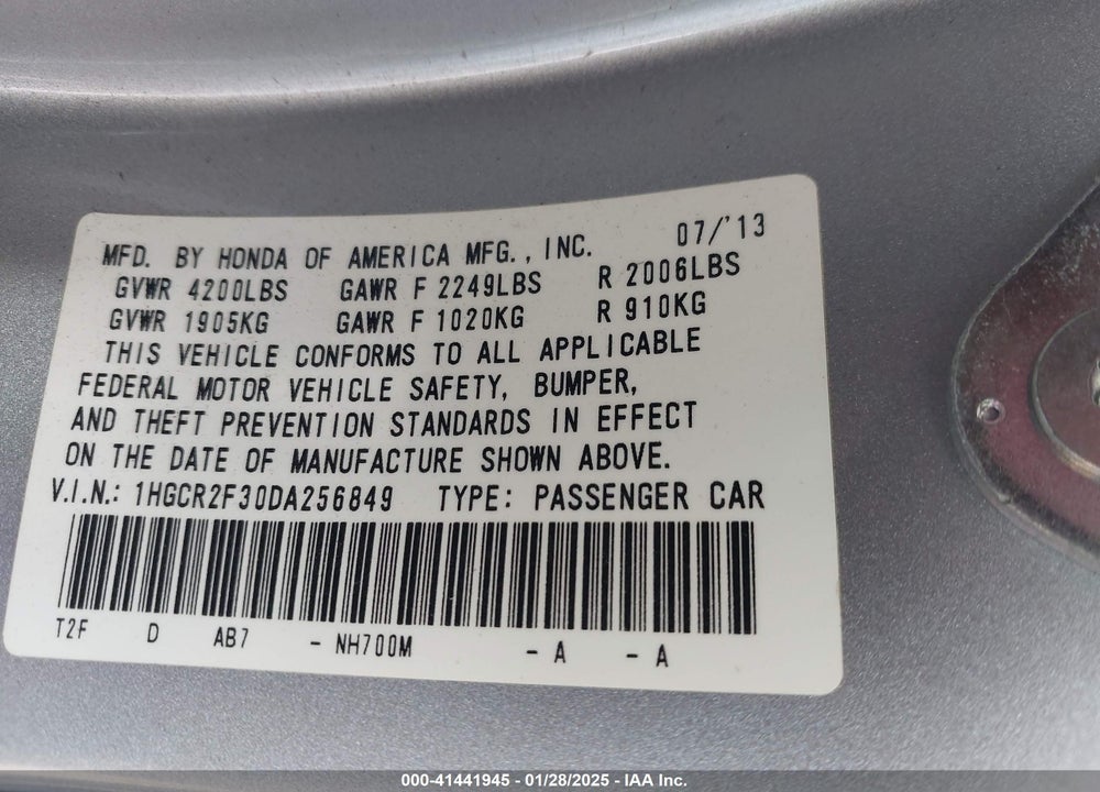 2013 HONDA ACCORD VIN: 1HGCR2F30DA256849