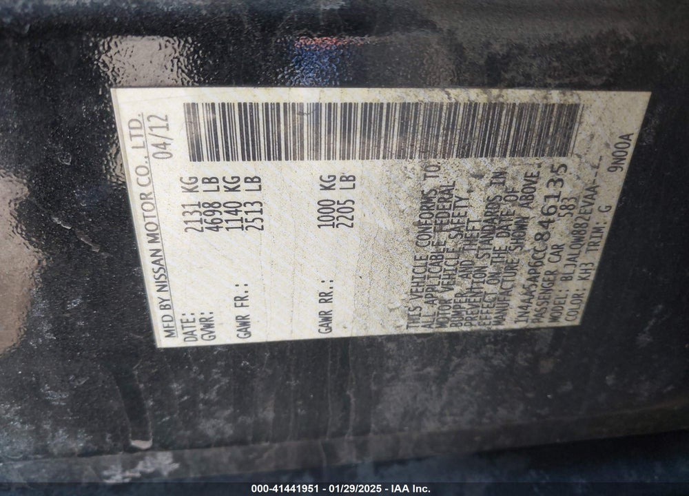 2012 NISSAN MAXIMA VIN: 1N4AA5AP6CC846135
