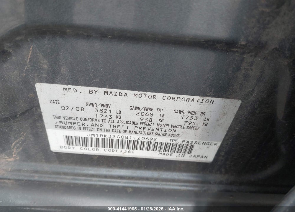2008 MAZDA 3 I TOURING VALUE VIN: JM1BK32G081120692