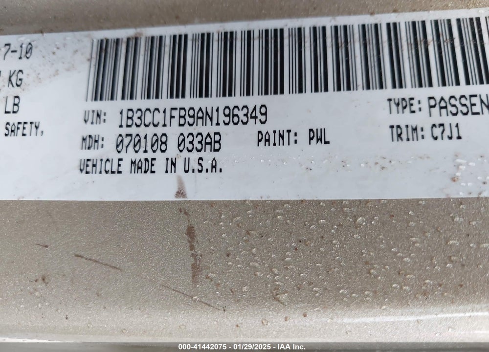 2010 DODGE AVENGER EXPRESS VIN: 1B3CC1FB9AN196349