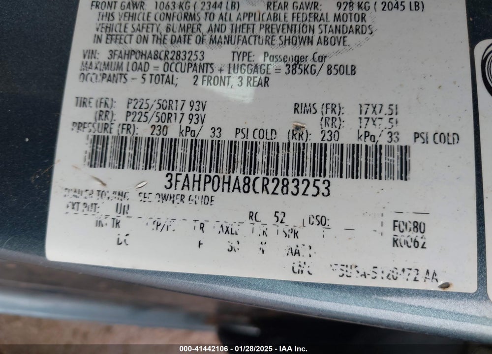 2012 FORD FUSION SE VIN: 3FAHP0HA8CR283253