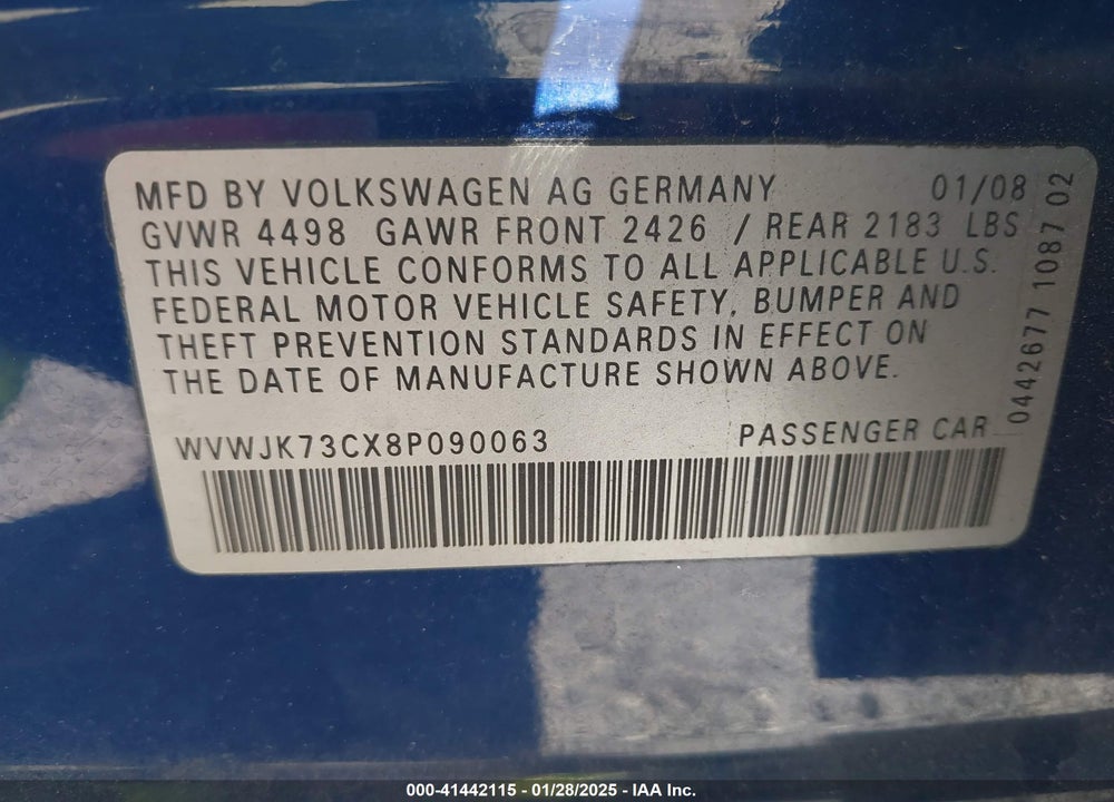 2008 VOLKSWAGEN PASSAT VIN: WVWJK73CX8P090063
