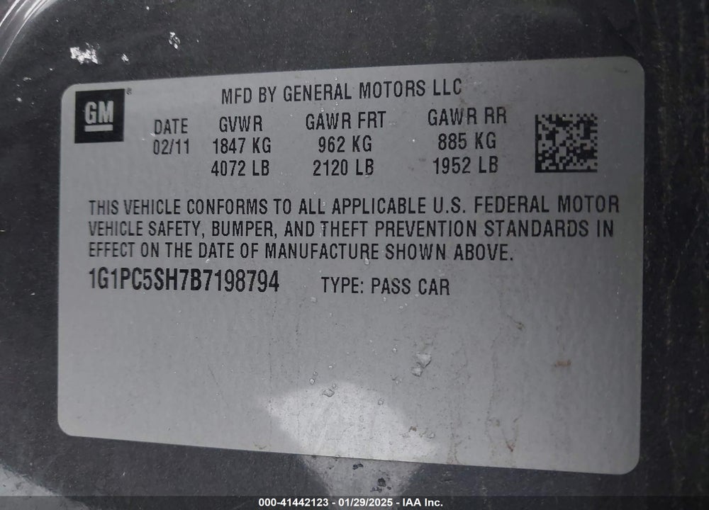2011 CHEVROLET CRUZE VIN: 1G1PC5SH7B7198794