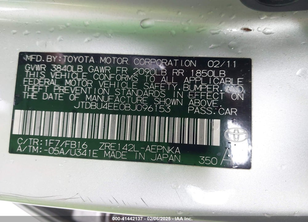 2011 TOYOTA COROLLA VIN: JTDBU4EE0BJ096153