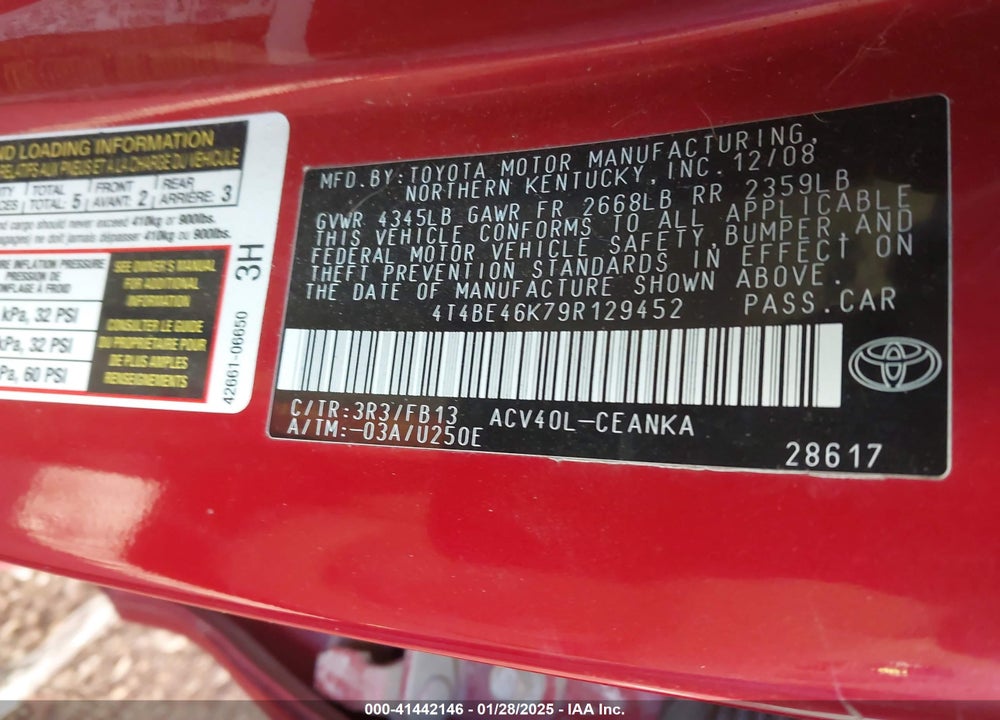 2009 TOYOTA CAMRY VIN: 4T4BE46K79R129452