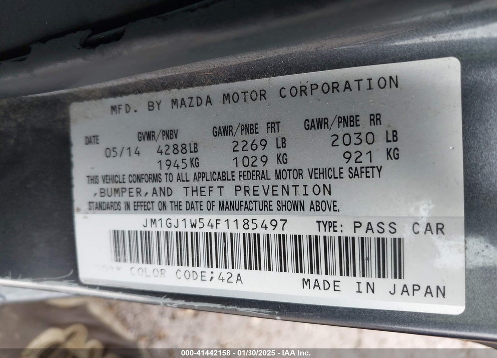 2015 MAZDA MAZDA6 VIN: JM1GJ1W54F1185497