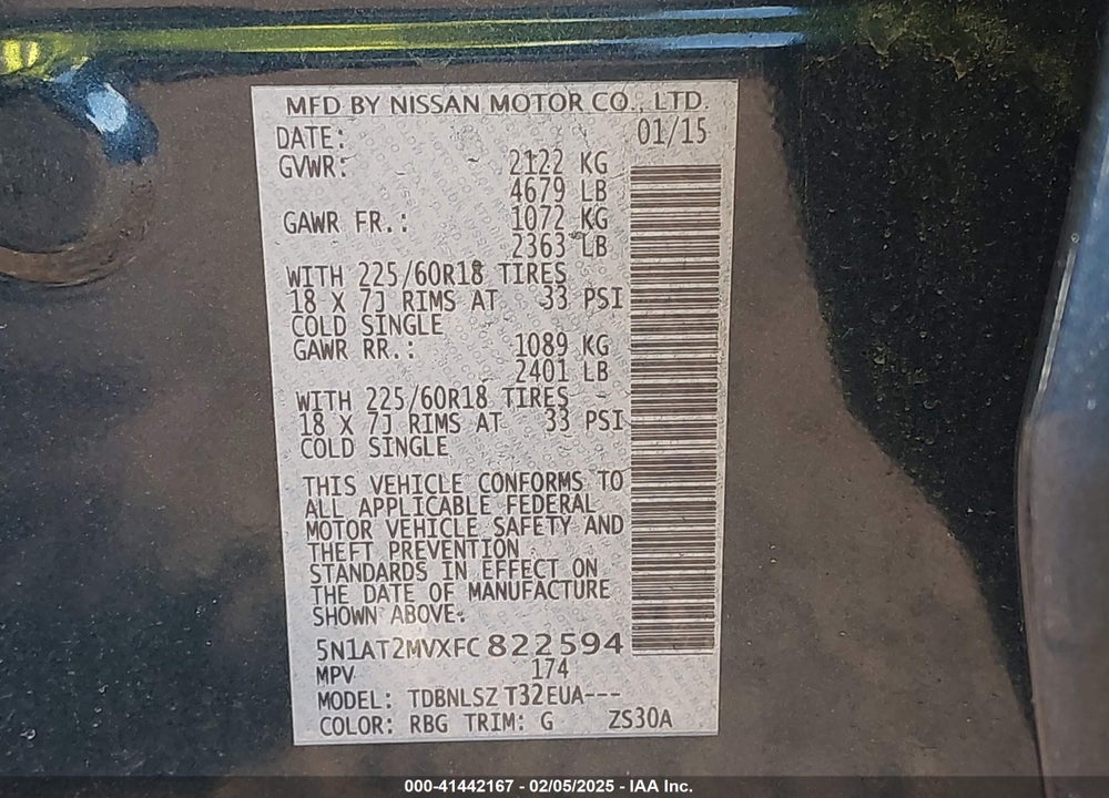2015 NISSAN ROGUE SL VIN: 5N1AT2MVXFC822594