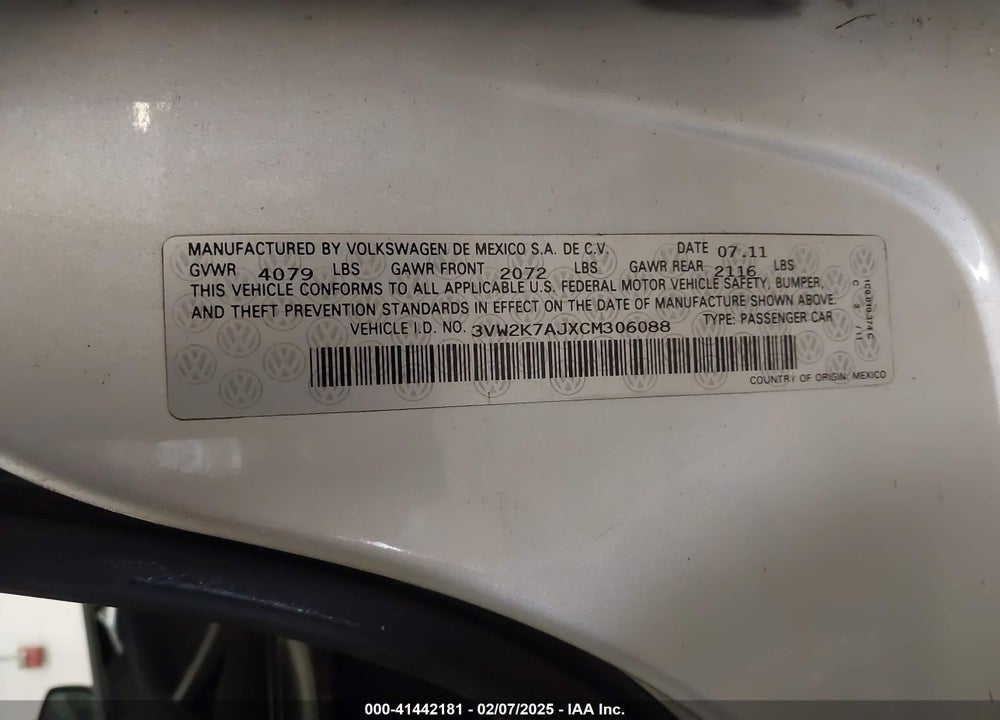 2012 VOLKSWAGEN JETTA 2.0L S VIN: 3VW2K7AJXCM306088