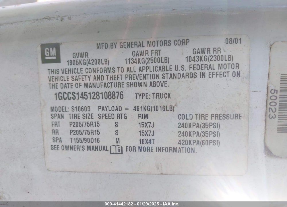 2002 CHEVROLET S-10 VIN: 1GCCS145128108876
