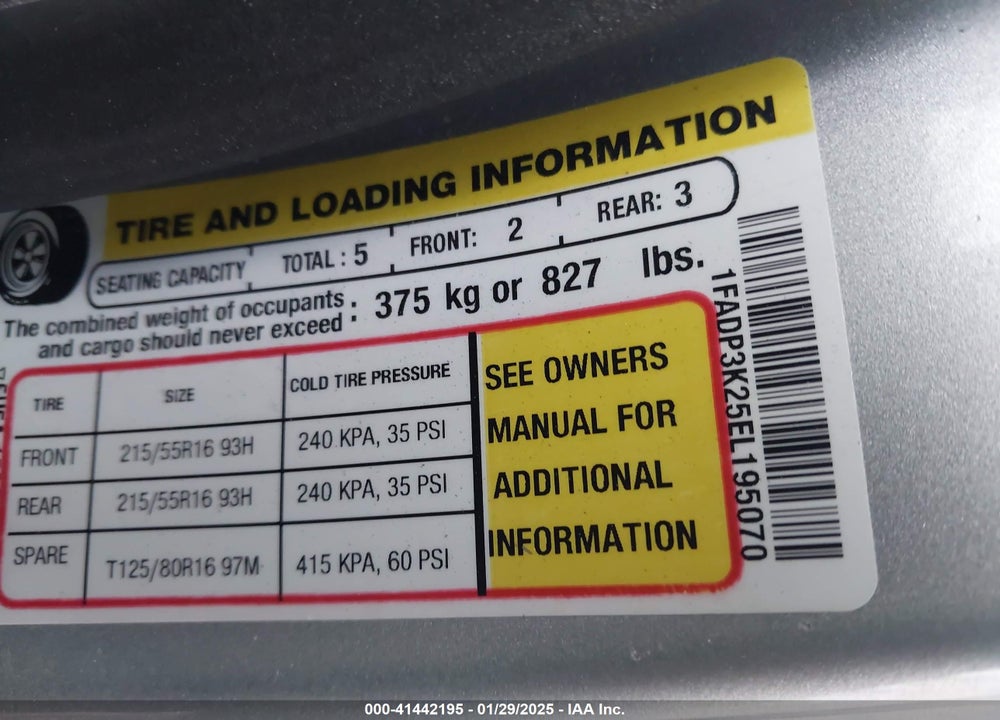 2014 FORD FOCUS VIN: 1FADP3K25EL195070