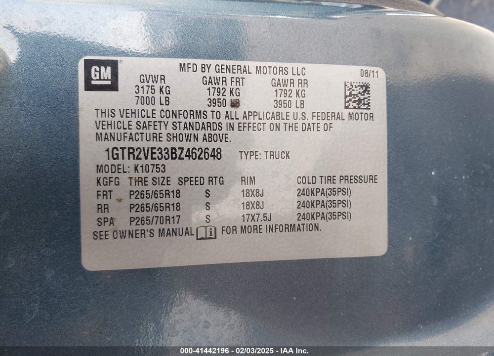 2011 GMC SIERRA 1500 VIN: 1GTR2VE33BZ462648