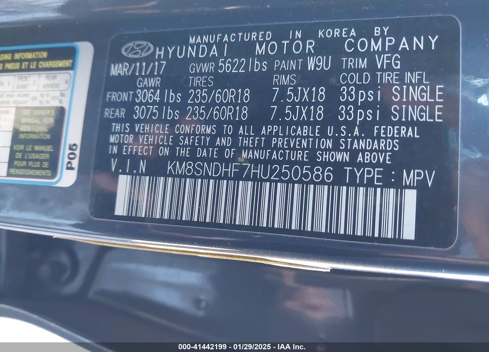 2017 HYUNDAI SANTA FE LIMITED VIN: KM8SNDHF7HU250586