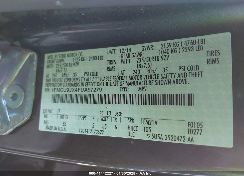 2015 FORD ESCAPE TITANIUM VIN: 1FMCU9JX4FUA97279