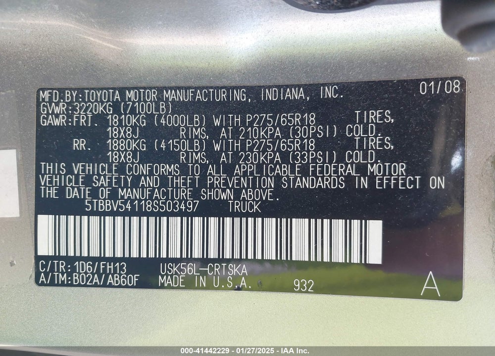 2008 TOYOTA TUNDRA VIN: 5TBBV54118S503497