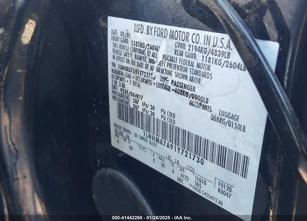2001 LINCOLN LS V8 AUTO VIN: 1LNHM87A91Y721730