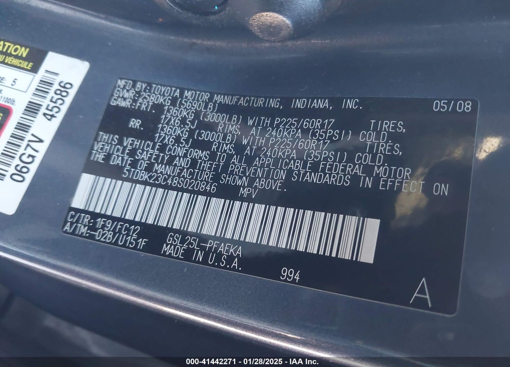 2008 TOYOTA SIENNA LE VIN: 5TDBK23C48S020846