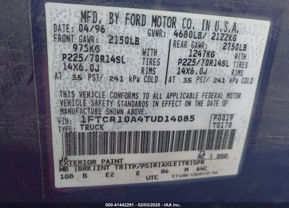 1996 FORD RANGER VIN: 1FTCR10A4TUD14085