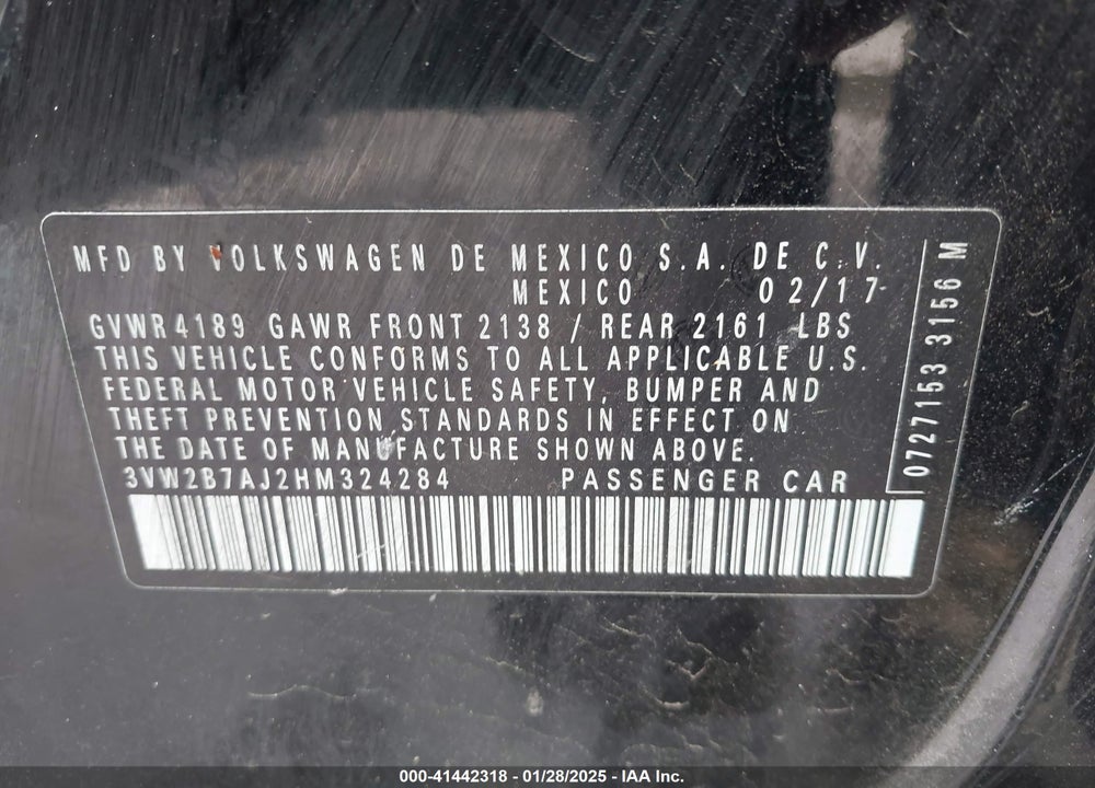 2017 VOLKSWAGEN JETTA VIN: 3VW2B7AJ2HM324284