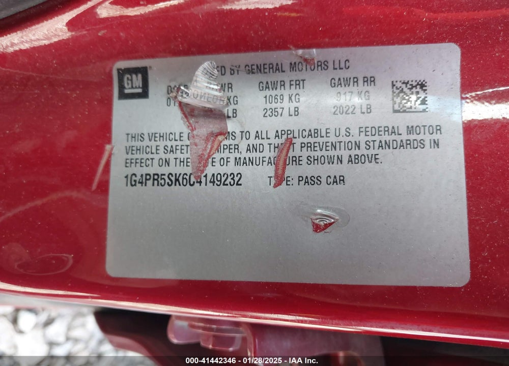 2012 BUICK VERANO VIN: 1G4PR5SK6C4149232